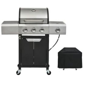 Propane Grill 3 Burner Barbecue Grill Stainless Steel Gas Grill with Side Burner and Cover for Outdoor BBQ, Camping (Color: silver)